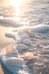 Gentle waves caress soft sand, revealing delicate seashells glis