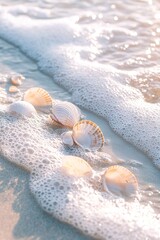 Gentle waves caress seashells on sandy shore, creating serene co