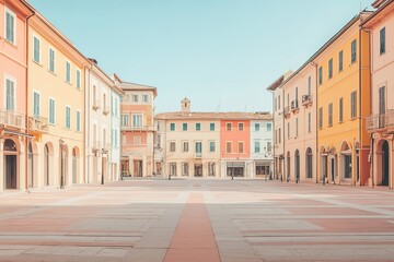 Obraz premium Charming square features pastel-colored buildings under clear bl