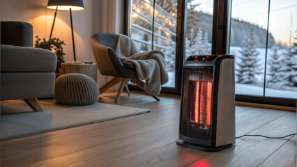 Portable electric heater in cozy living room warming space with large window during cold winter days
