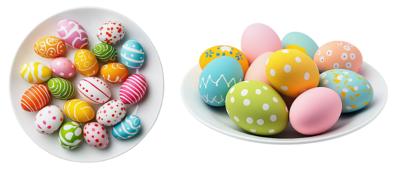 Vibrant Easter eggs with patterns on plates, isolated on a transparent background, side view and top view