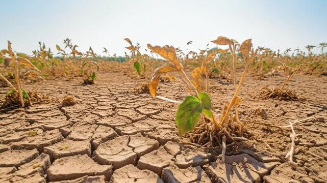 Soybean plants struggling against the harsh conditions of extremely dry soil during a severe drought, illustrating the profound effects of climate change on agricultural viability