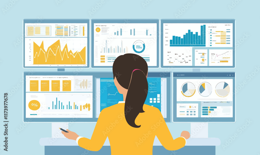 Poster female data analyst working on crm dashboard vector illustration