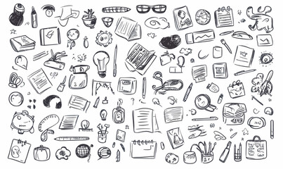 School Education Doodle Collection: Hand-Drawn Vector Sketch of Study Tools and Supplies