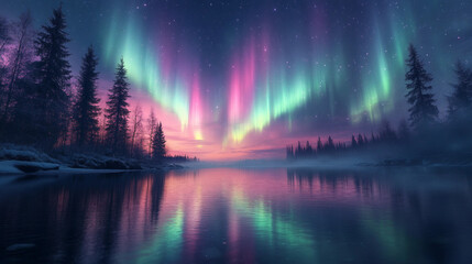aurora over the sea, sunset over the river, sunset on the lake