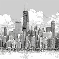 Hand-drawn panorama of the Chicago skyline, detailed ink illustration in black and white, urban cityscape, architectural design, city skyline
