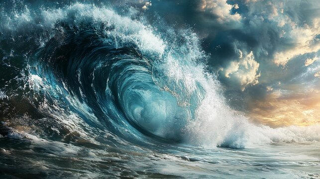 Dramatic ocean wave crashing during sunset.