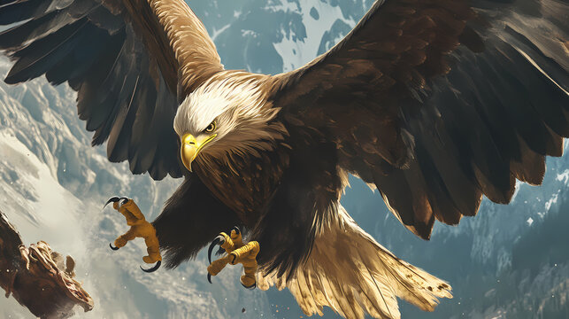 A close-up of an eagle attacking its prey with talons extended. Skybound. Illustration