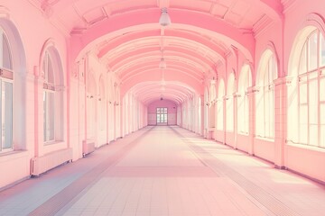 Fototapeta premium Bright pink corridor features elegant arches and ample natural l