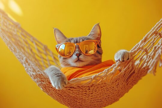 Relaxing cat in stylish sunglasses, enjoying sunny day in hammoc