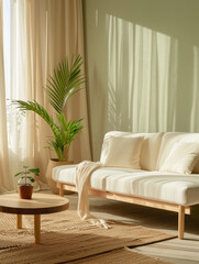  minimalist living room with basic off white furniture and green pastel color on the walls.