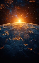 Realistic Earth From Space View Photorealism Dramatic Lighting Soft Clouds Starry Background