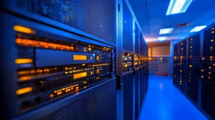 Modern Data Center with Bright Lighting and User Interface