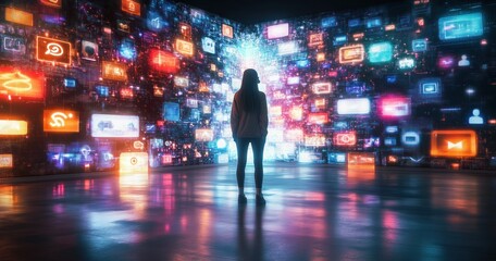 Caucasian Woman in Cyberspace with Social Media Icons Neon Lights High-Tech Display Entertainment Technology Concept