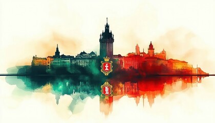 Vibrant Watercolor City Skyline with Portuguese Flag and Coat of Arms for Celebration of Portugal Day