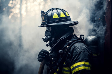 Fototapeta premium Firefighter assessing situation amidst dense smoke