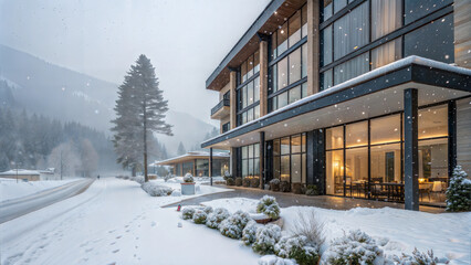 Snow-covered luxury hotel with elegant lighting and trees in a tranquil winter landscape