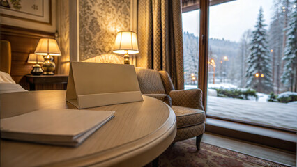 Elegant hotel room with a mountain view and cozy seating area near a large window