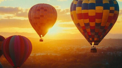 Obraz premium Colorful hot air balloons ascend at sunrise.