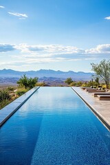 Fototapeta premium Desert vista, infinity pool, lounge chairs.