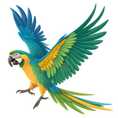 Fototapeta premium Colorful parrot with vibrant feathers, wings outstretched against a white or transparent background.