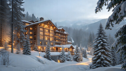 Snowy mountain resort hotel with warm lights in a picturesque winter forest landscape