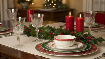Christmas table setting with festive red candles and decorative plates in cozy dining room