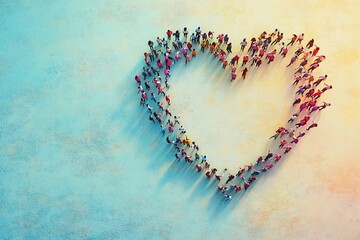 Group of diverse people forming heart shape symbolizing unity an