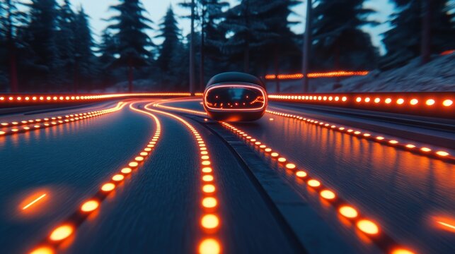 A futuristic autonomous vehicle glides along a glowing track through a dark forest. Ideal for showcasing innovative transportation or AI technology.