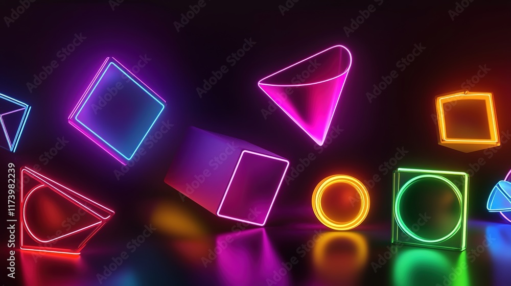 Poster dynamic array of glowing shapes in vibrant colors creates lively