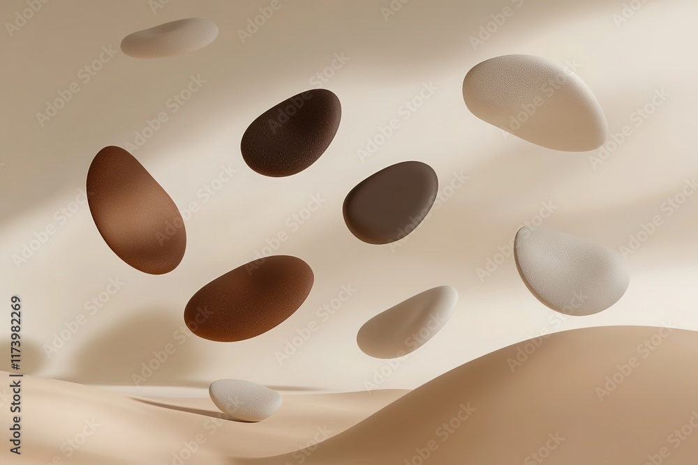 Poster softly curved shapes float in serene environment, creating an ab