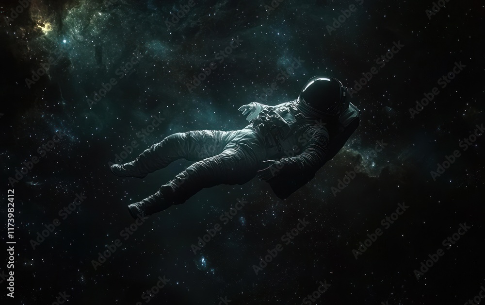 Poster surreal 3d illustration of lone astronaut floating in space with nebulae and stars background