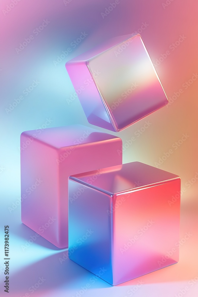 Poster translucent cubes float against soft gradient backdrop, radiatin