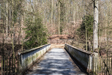 Fototapeta premium Straight lines of a deserted narrow pedestrian bridge over the valley of the Ossegem city park in Laeken, Belgium