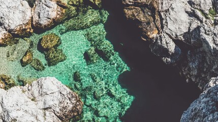 Aerial view of clear turquoise water surrounded by rocky formations.