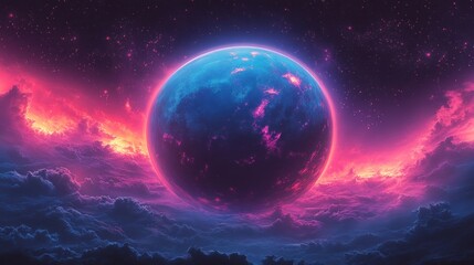 Neptune Blue Planet Against Starry Background in Cyberpunk Style with Neon Lighting and High Contrast
