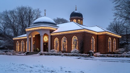A snow-covered building adorned with festive lights, creating a warm, inviting atmosphere.