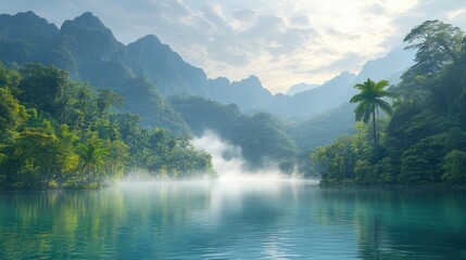Serene landscape featuring lush mountains and a tranquil lake surrounded by mist.