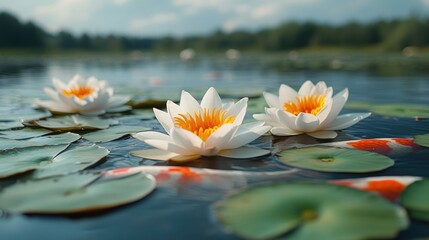 A serene pond with blooming water lilies and koi fish swimming beneath the surface.