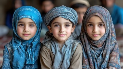 Three children wearing traditional attire, smiling warmly at the camera.