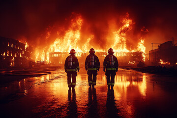 Fototapeta premium Nighttime Apartment Fire Scene with Firefighters and Ladder Truck Operation