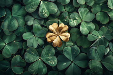 lucky clover art, a lifelike depiction of a gold four-leaf clover amidst a sea of green three-leaf ones its metallic shine and intricate details make it stand out in the bottom portion of the image