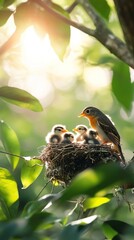 Bird feeds chicks in nest, sunlit.