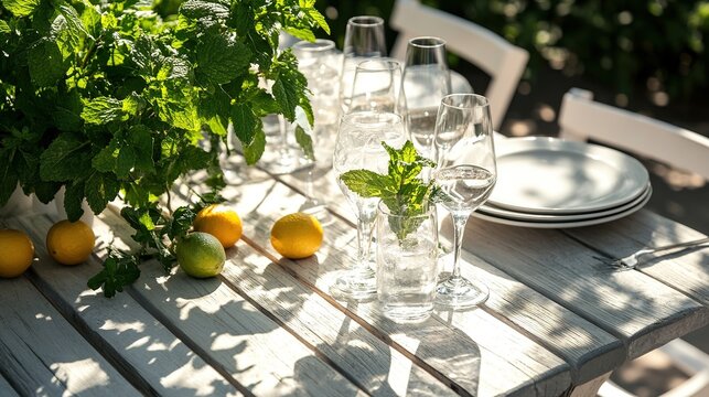 Bright outdoor dining setup featuring elegant glasses, fresh lem
