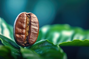 A single roasted coffee bean rests on vibrant green coffee leaves, showcasing the journey from plant to cup.