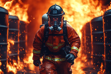 Hazmat firefighter advancing through inferno amidst glowing flames