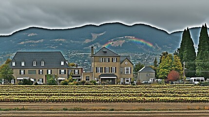 A scenic view of houses with a rainbow over mountains and fields.