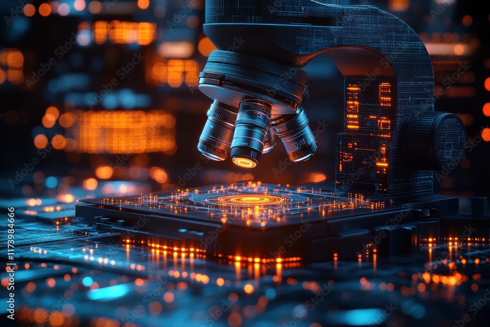 Poster futuristic holographic microscope illuminated by blue light for scientific exploration with ai and m