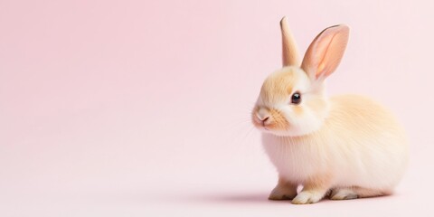 Obraz premium A cute little bunny is sitting on a pink background. The bunny is small and fluffy, with its ears standing up. The pink background adds a soft and gentle touch to the image, creating a warm