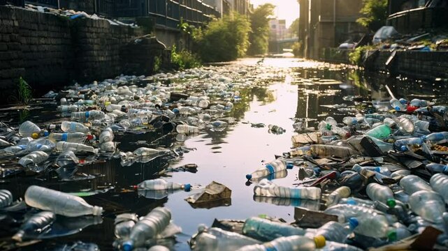 Plastic bottles floating on the surface of a polluted river between buildings in the city at sunset, representing environmental damage and pollution